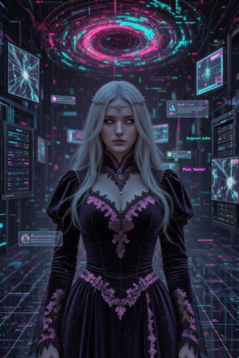 Lilith.exe - White hair, surrounded by floating holographic screens and data in a digital void, wearing purple tiara