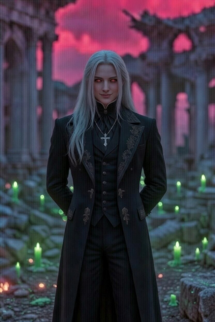 Morrin - Silver hair, smirking among ruins with green candles, wearing Victorian long coat and cross necklace